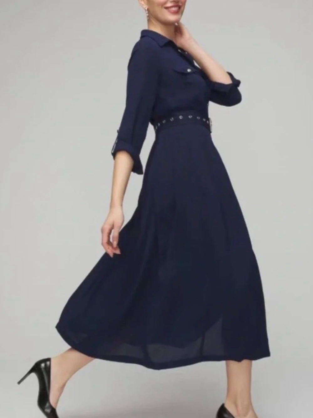 WHBM Long Navy Shirt Dress with Belt - Picture 3 of 6